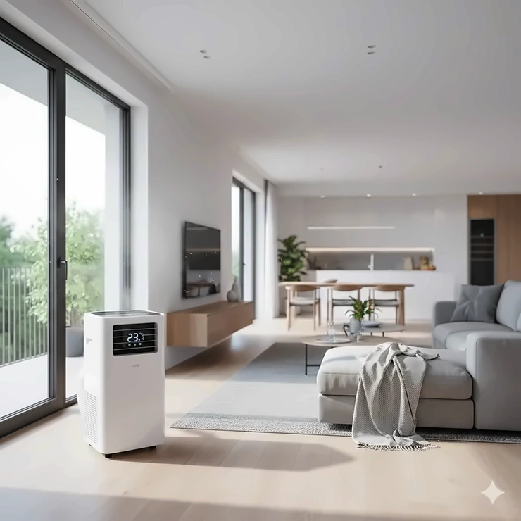 A modern portable air conditioner 14000 BTU cooling a spacious open-concept living room during summer.