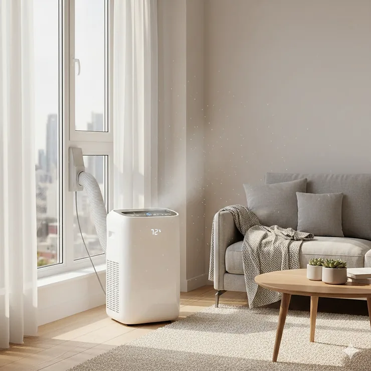 A sleek white portable air conditioner cooling a modern apartment living room next to a window.