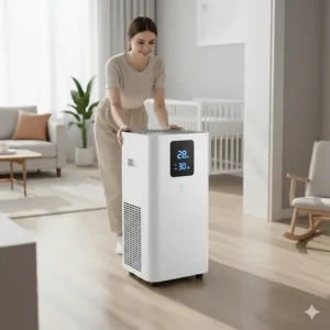A lightweight quiet portable air conditioner being moved easily on smooth-glide casters from a living room to a nursery.