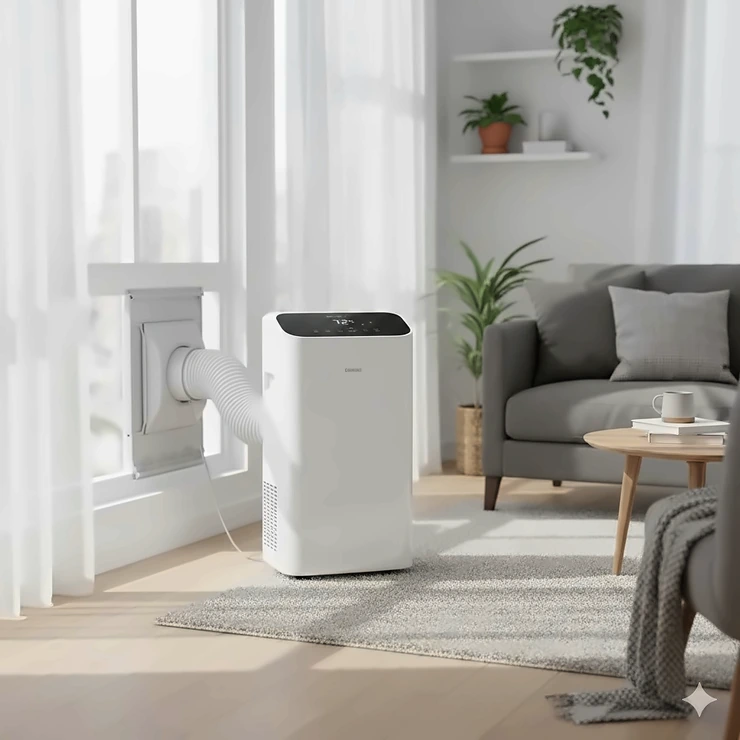 A modern portable air conditioner with heat function standing in a bright living room next to a window.