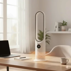 A compact bladeless fan with heater sitting on an office desk, perfect for personal space heating.