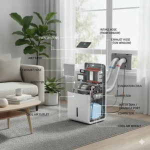 Detailed illustration identifying the intake hose, exhaust hose, control panel, and drainage port of a portable AC.