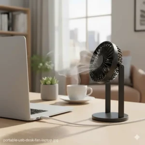 A diagram showing a small portable USB desk fan plugged into a laptop side port.