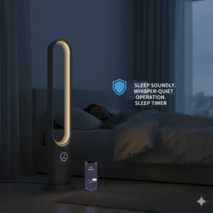 A bladeless fan with air purifier in a dark bedroom, highlighting quiet operation and sleep timer features.
