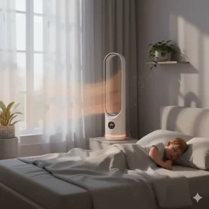 A quiet bladeless fan with heater positioned next to a bed for comfortable night-time temperature control.