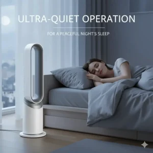 An ultra-quiet bladeless tower fan positioned next to a bed for peaceful night-time cooling.