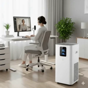 A compact and quiet portable air conditioner placed next to a desk in a home office to prevent background noise during calls.