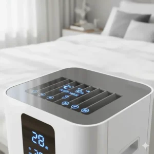 Close-up of a portable air conditioner control panel showing the sleep mode icon for silent nighttime operation.