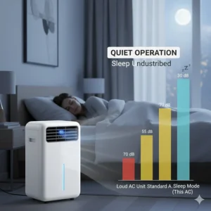 A comparison chart showing the low decibel noise levels of a quiet small portable air conditioner during sleep mode.