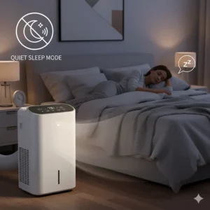 Illustration of a portable air conditioner with heat in a bedroom setting with a low-decibel icon.