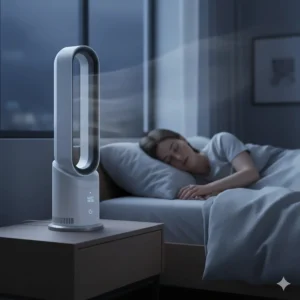 A bladeless fan on a nightstand in a dark bedroom, emphasizing low noise levels for better sleep.