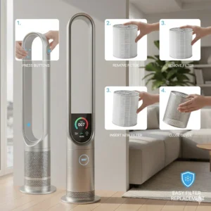 Simple graphic showing how to easily replace the carbon filter in a bladeless air purifying fan.