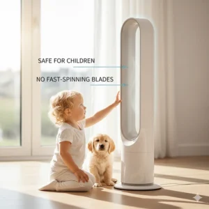 A child playing near a bladeless tower fan, highlighting the lack of fast-spinning blades for safety.