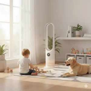 A child playing near a bladeless fan with heater, highlighting the safe, blade-free design.