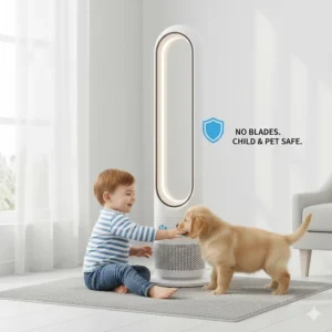 A toddler playing near a bladeless fan with air purifier, demonstrating the safety of the no-blade design.