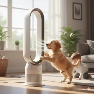 A safe bladeless fan being investigated by a puppy in a family living room, highlighting the blade-free safety design.