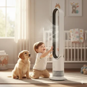 A child reaching toward a running bladeless fan, highlighting the safety benefits of no moving external blades.