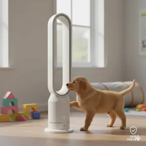 A golden retriever puppy safely investigating a cheap bladeless fan, highlighting the pet-friendly design.
