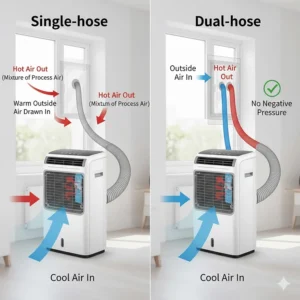 Side-by-side comparison of single hose and dual hose portable air conditioners highlighting the efficiency of the two-hose system.