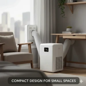 Compact portable air conditioner unit designed for a small studio apartment or home office.