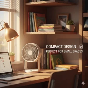 A compact, affordable cooling fan sitting on a small wooden desk, perfect for tight living spaces.