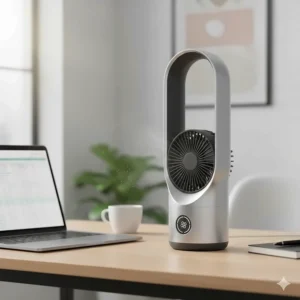 A miniature Dyson fan alternative powered by USB sitting on a modern office desk.