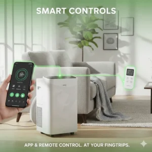 Illustration of a smartphone app and remote control interface used to manage a small portable air conditioner.