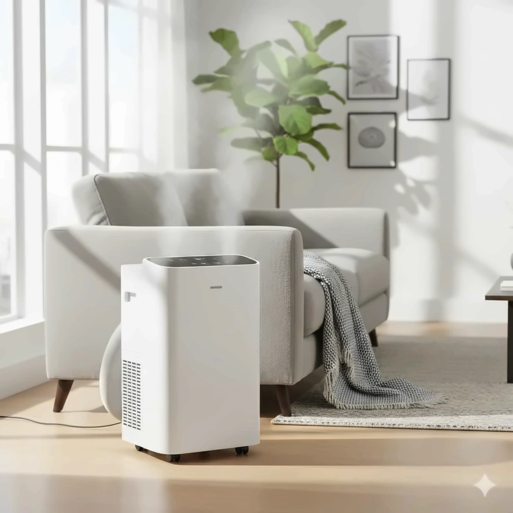 A sleek small portable air conditioner cooling a modern living room next to a sofa.
