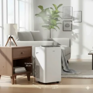 Illustration showing the compact dimensions of a small portable air conditioner compared to a standard nightstand.