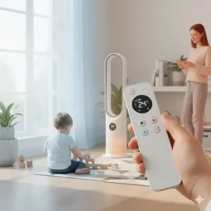 Close-up of a digital remote controlling the temperature settings of a bladeless fan with heater.