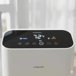 Close-up illustration of digital controls on a portable air conditioner with heat settings.