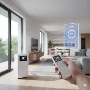 Hand holding a remote control for a 14000 BTU portable air conditioner with digital temperature display.