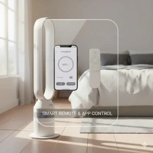 A smartphone showing a fan control app next to a physical remote, demonstrating smart home compatibility for a quiet bladeless fan.