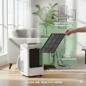 A cutaway view showing the removable and washable dust filter inside a small portable air conditioner.