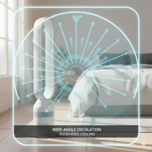 A visual guide showing the 90-degree wide-angle oscillation path of a quiet bladeless fan for full room cooling coverage.