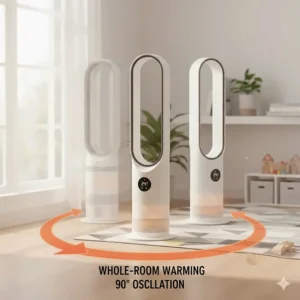 An overhead view showing the 90-degree oscillation range of a bladeless fan with heater for whole-room warming.
