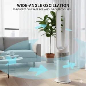 Illustration showing the 90-degree wide oscillation range of a bladeless tower fan for whole-room cooling.