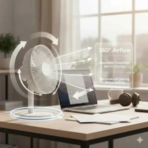 Illustration showing 360-degree rotation of a compact quiet desk fan for personalized office cooling.