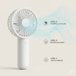 Diagram showing the three adjustable wind speed levels of a rechargeable handheld fan.