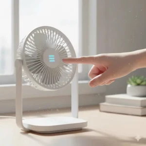 A hand pressing the button to toggle between three speed settings on a small rechargeable desk fan.
