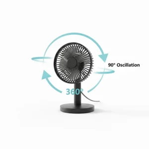 Illustration with arrows demonstrating the 360-degree vertical tilt of a portable desk fan.