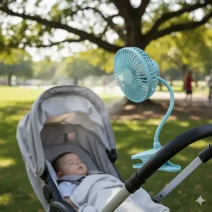 A battery operated clip on fan with a flexible neck attached to a baby stroller.
