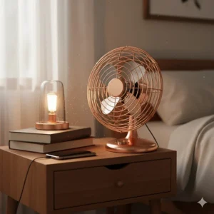 A compact copper-finish retro desk fan positioned on a bedside table next to a stack of books.