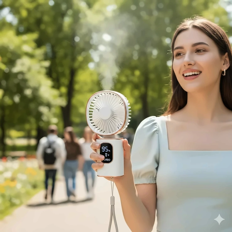 A person holding the best handheld fan for travel while walking through a sunny outdoor park.