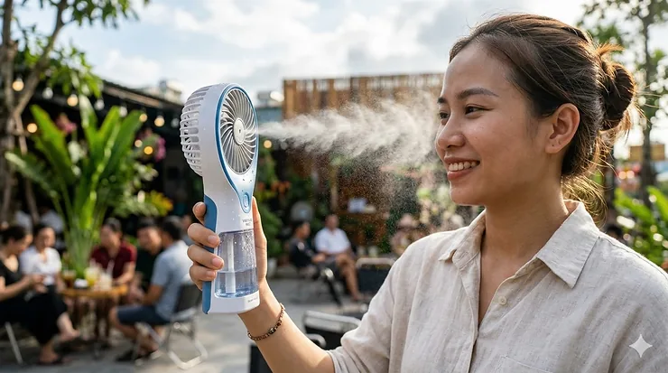 A premium handheld misting fan emitting a fine cooling spray against a sunny outdoor background.