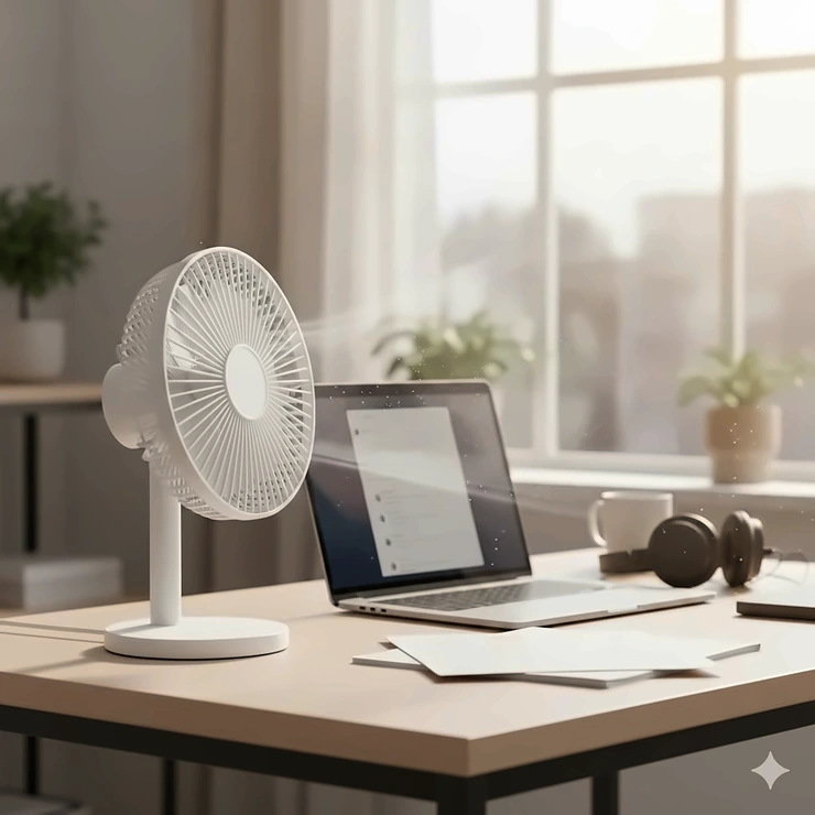 A modern white quiet desk fan for office use sitting on a minimalist wooden desk next to a laptop.