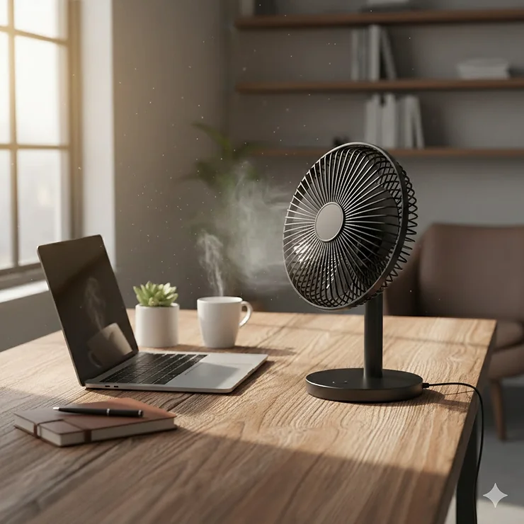 A modern rechargeable desk fan providing a cool breeze on a wooden office desk next to a laptop.