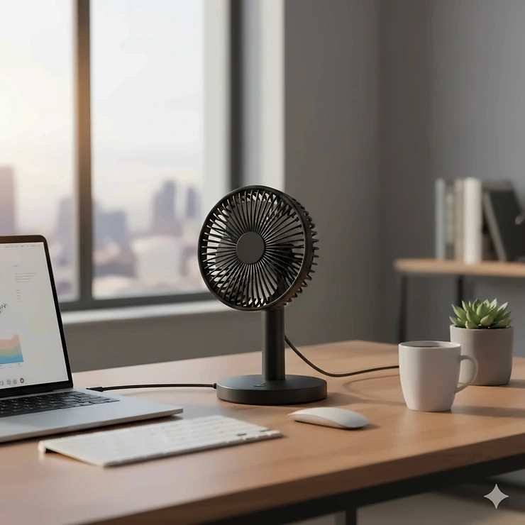 A sleek, matte black USB desk fan sitting on a wooden office desk next to a laptop.