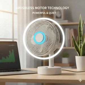 Cutaway illustration of the brushless motor inside a high-performance oscillating desk fan.