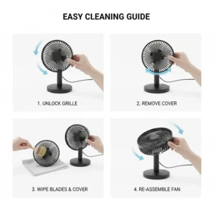Step-by-step illustration showing how to remove the front cover of a USB desk fan for maintenance.